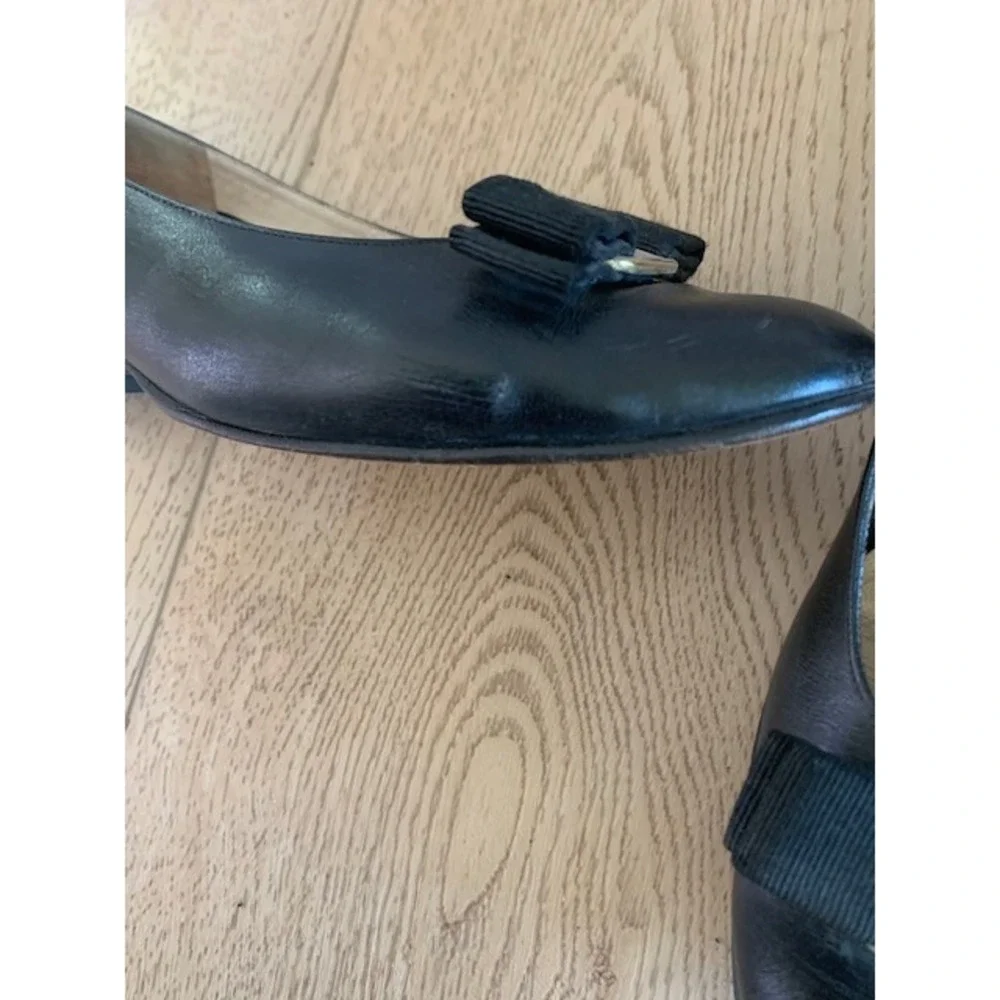 Salvatore Ferragamo Vara Bow Pumps‎ Black Leather Low Block Heel Shoes 7.5 C